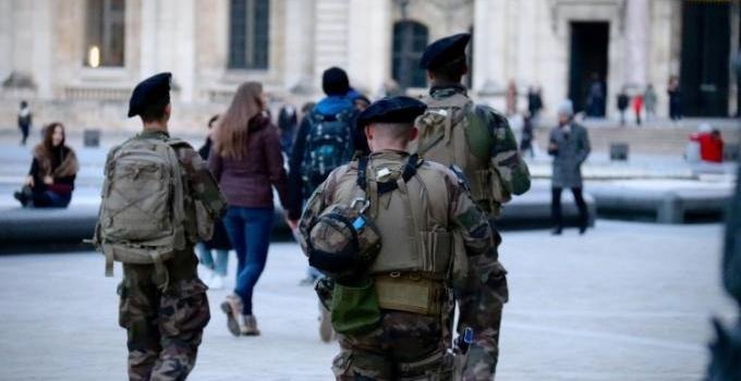 French soldiers outside the Louvre in Paris.