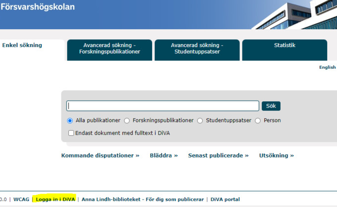 Bilden visar sökrutan i DiVA