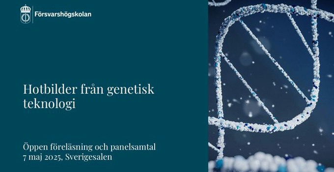 Föreläsningens titel samt en DNA-sekvens mot blå bakgrund. 